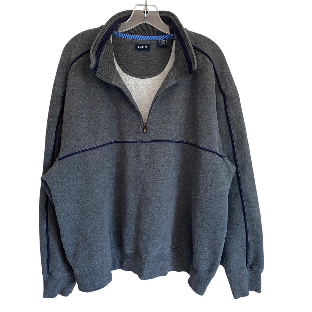 IZOD Mens XXL Gray Navy Piped Fleece Quarter Zip Pullover Sweatshirt